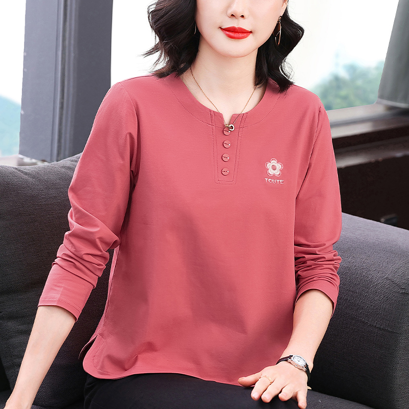 MY16092#新款长袖T恤女宽松大码妈妈纯棉绣花上衣圆领休闲女裝貨源服裝...