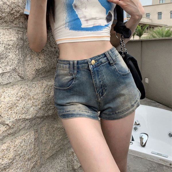 RY2783# 复古蓝色牛仔短裤女高腰水洗弹力a字热裤做旧子直筒修身显腿长...