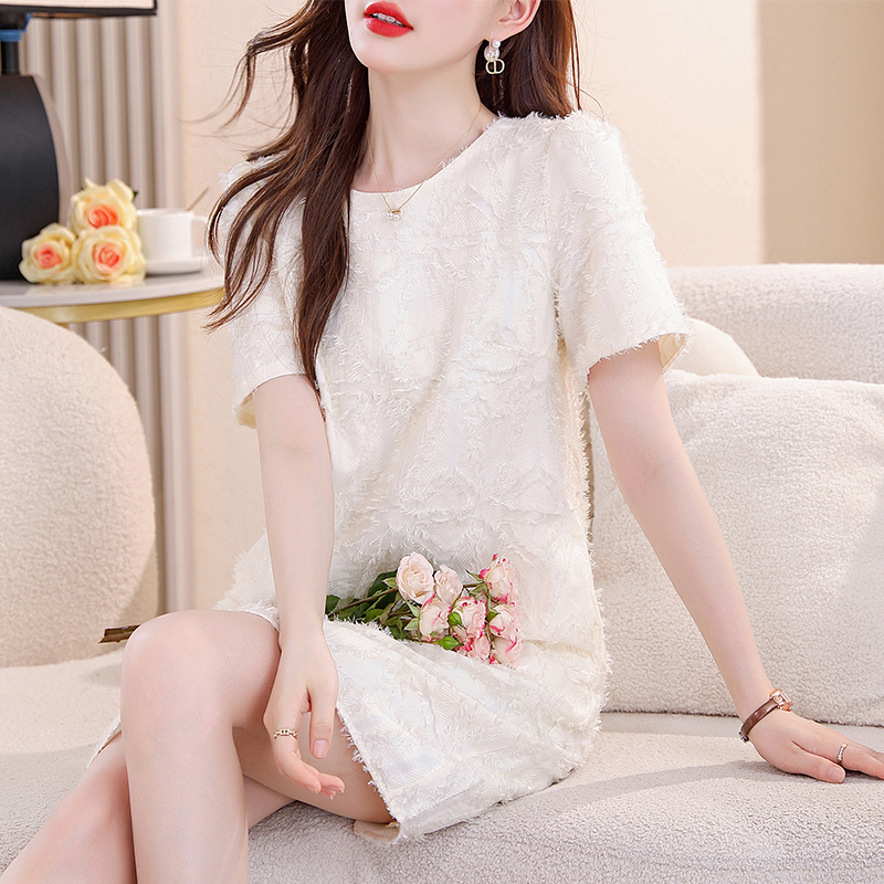 MY9356# 夏季短袖雪纺提花剪花有口袋宽松遮肚子气质连衣裙中裙女裝貨源服裝批發