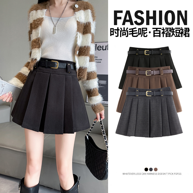 MY15981# 灰色毛呢百褶裙女短裙新款显瘦秋冬小个子配毛衣的半身裙冬裙...