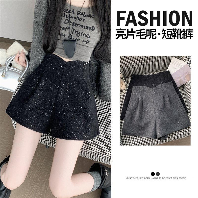 MY15978# 灰色高腰闪亮a字毛呢阔腿短裤新款双折显瘦女士靴裤子女裝貨...