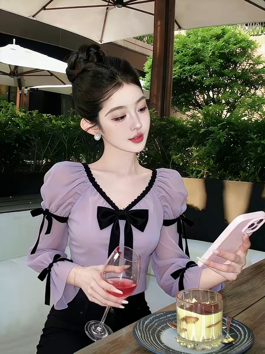 設計感紫色蝴蝶結襯衫2026春季高級感輕奢獨特漂亮法式收腰上衣女