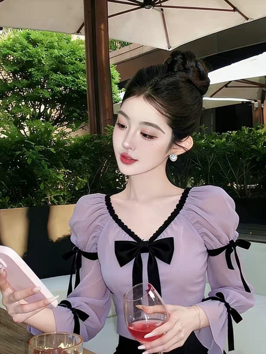 設計感紫色蝴蝶結襯衫2026春季高級感輕奢獨特漂亮法式收腰上衣女