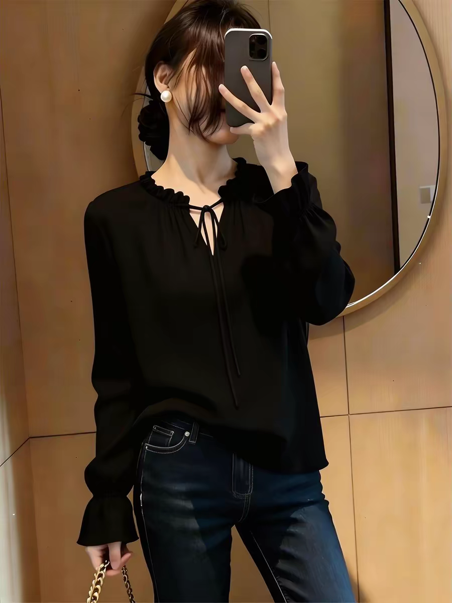法式輕奢設計感系帶黑色長袖女裝2026年春季新款氣質百搭減齡上衣
