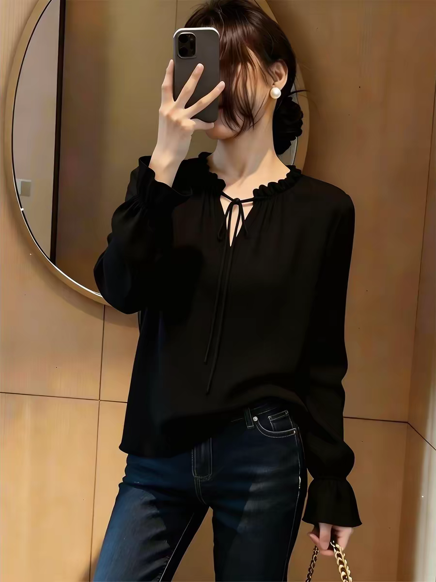 法式輕奢設計感系帶黑色長袖女裝2026年春季新款氣質百搭減齡上衣