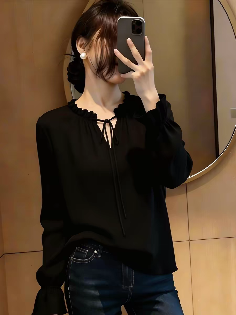 法式輕奢設計感系帶黑色長袖女裝2026年春季新款氣質百搭減齡上衣
