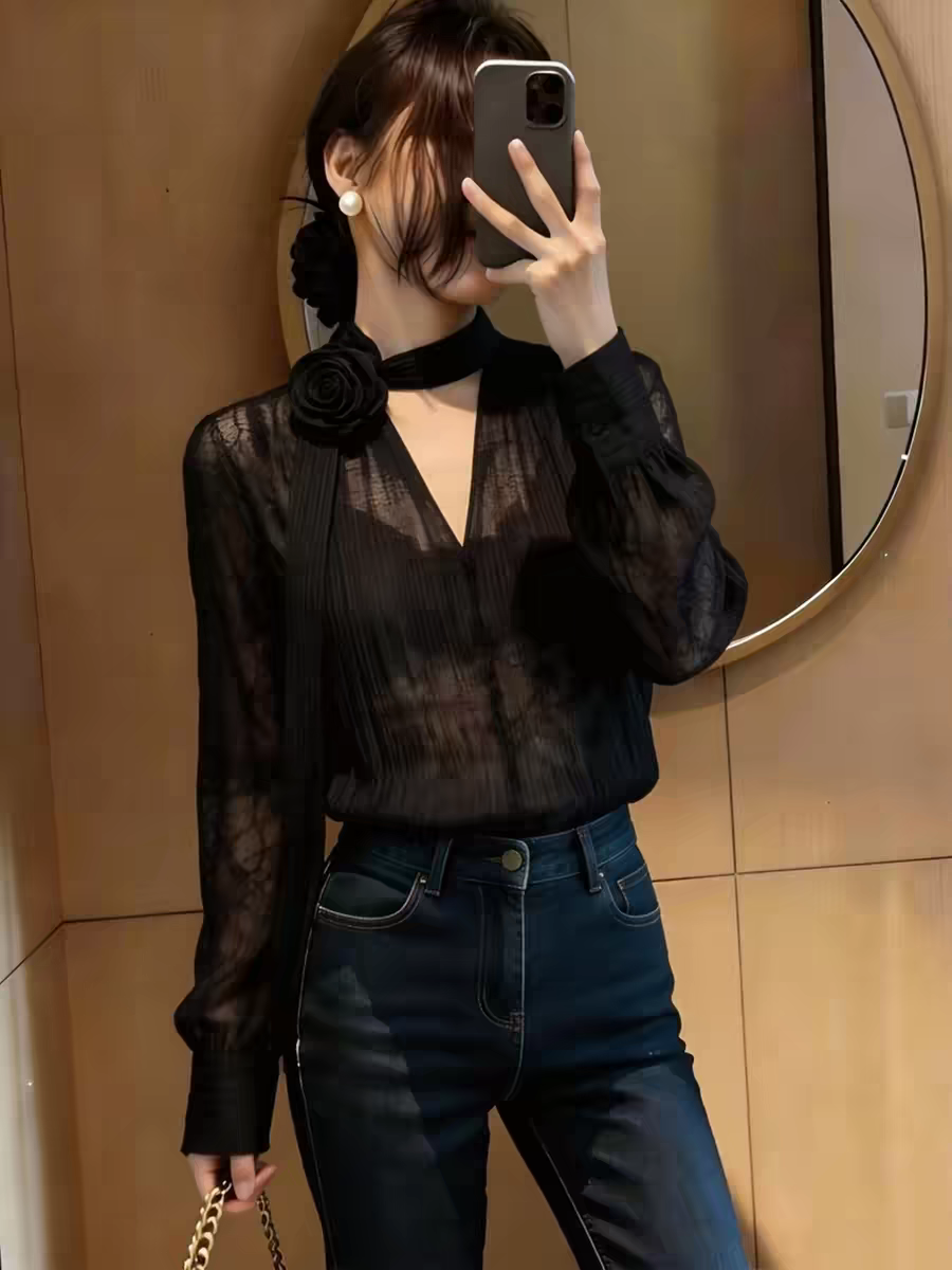 法式輕奢微透V領黑色長袖女2026年春季新款輕熟顯瘦氣質減齡上衣