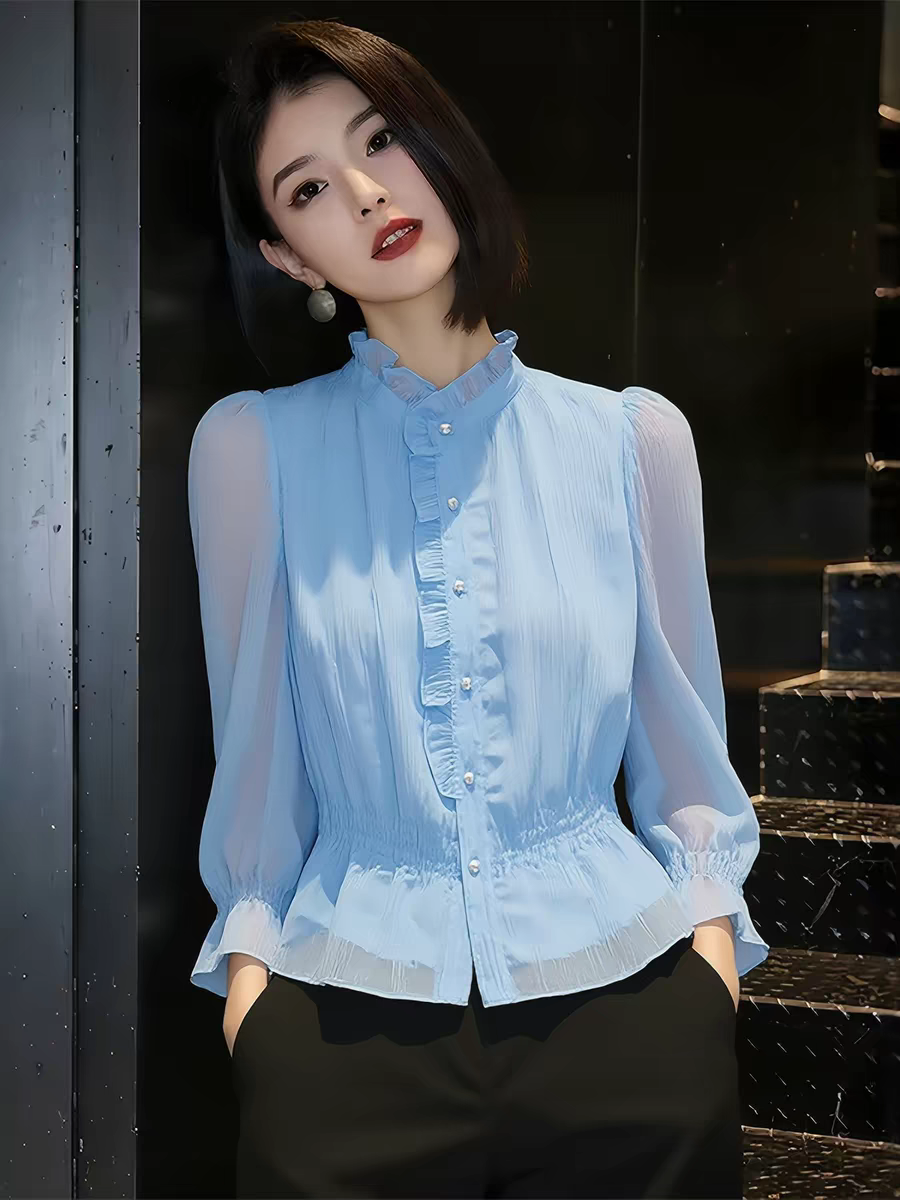 法式百搭輕薄藍色襯衫女春季2026年新款時尚小眾襯衣高端精致小衫