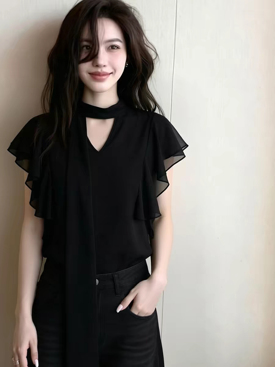 優雅風黑色V領小飛袖飄帶襯衫女2026夏季新款輕熟設計感減齡上衣