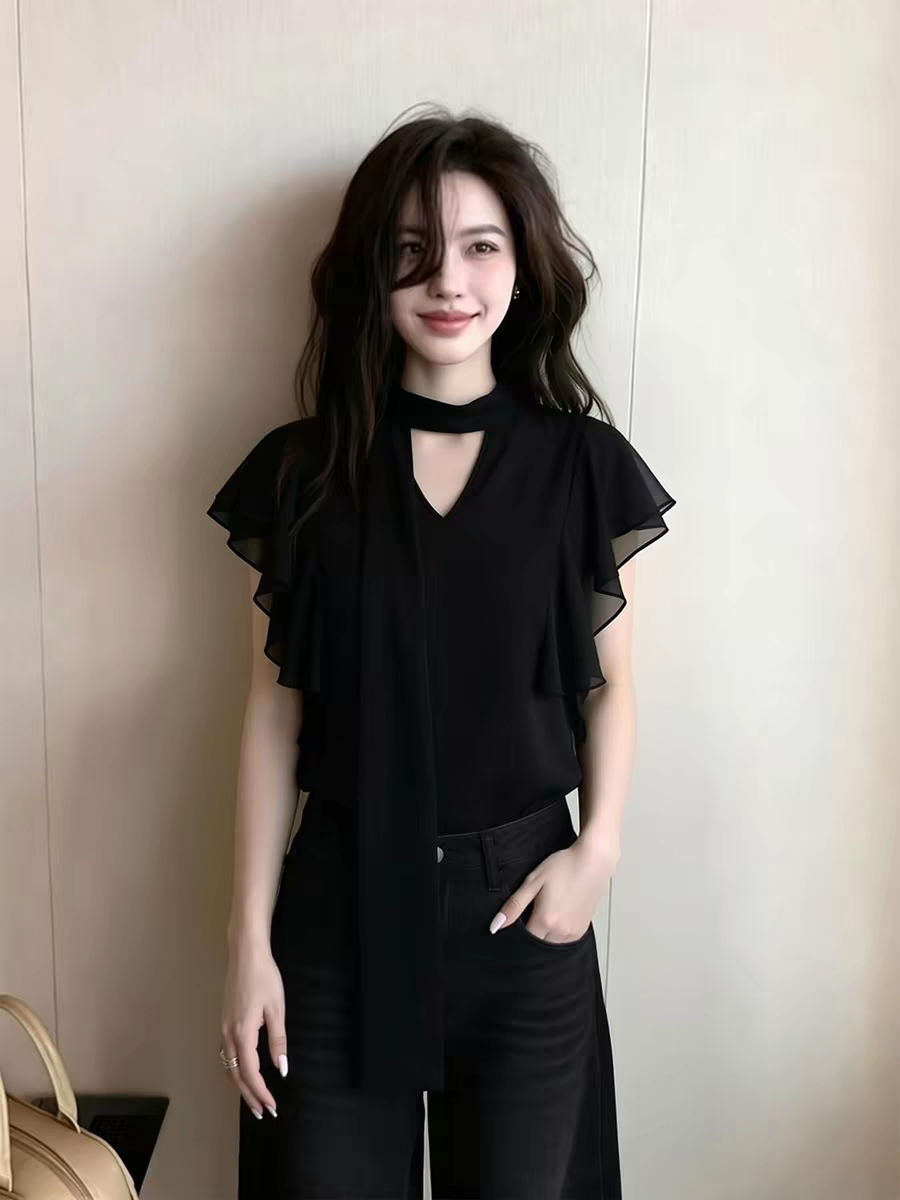 優雅風黑色V領小飛袖飄帶襯衫女2026夏季新款輕熟設計感減齡上衣
