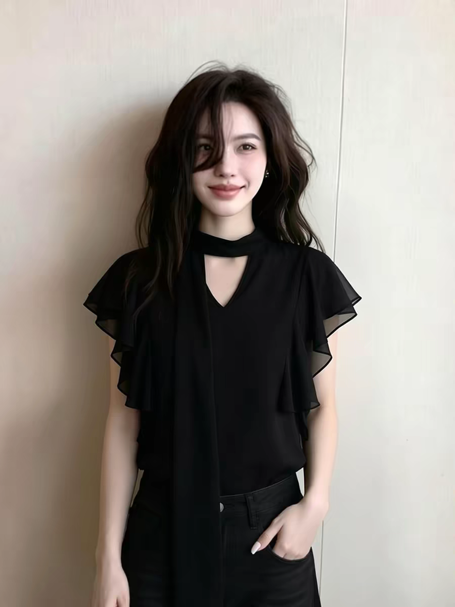 優雅風黑色V領小飛袖飄帶襯衫女2026夏季新款輕熟設計感減齡上衣