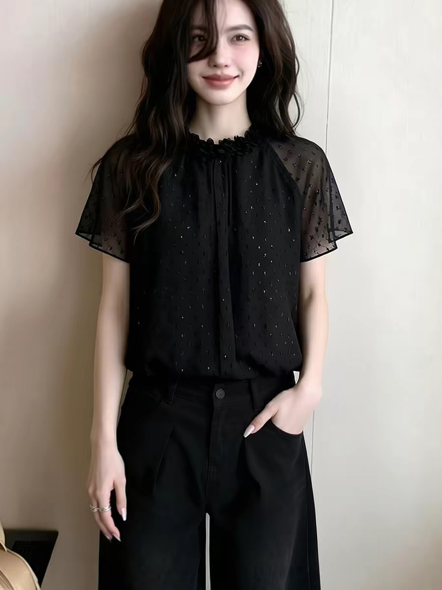 優雅通勤風黑色荷葉袖小衫女2026春季新款高級感顯瘦氣質小衫上衣