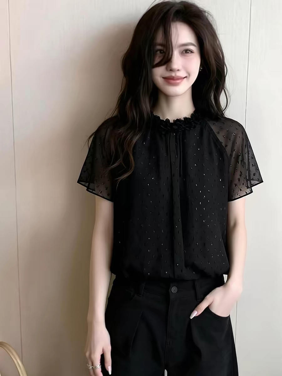 優雅通勤風黑色荷葉袖小衫女2026春季新款高級感顯瘦氣質小衫上衣