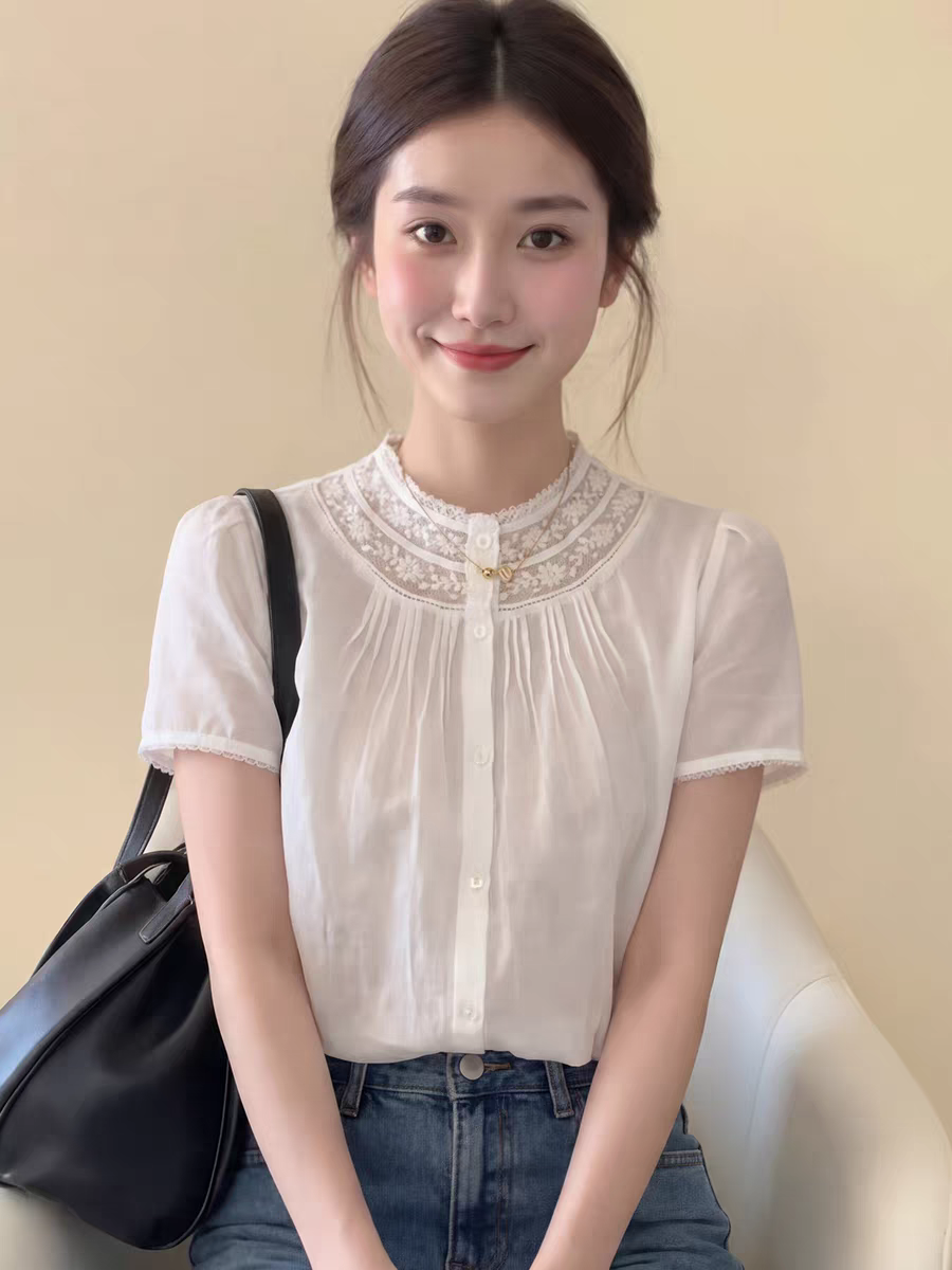 法式白色蕾絲花邊領短袖襯衫女夏季新款絕美小衫巨好看的氣質上衣