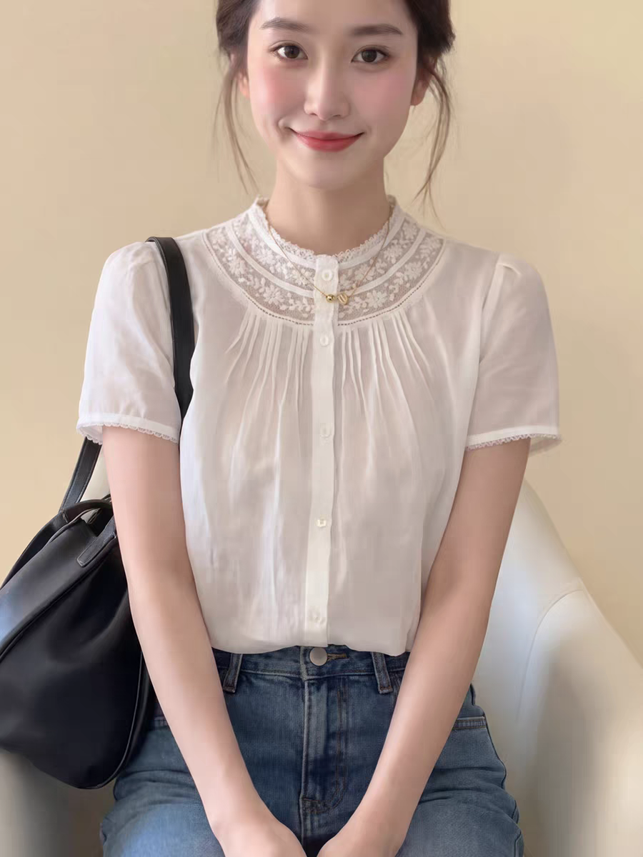 法式白色蕾絲花邊領短袖襯衫女夏季新款絕美小衫巨好看的氣質上衣