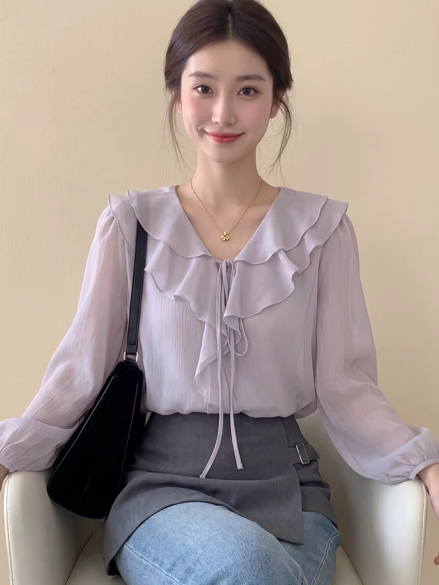 法式氣質紫色荷葉邊V領雪紡襯衫女2026春夏季新款別致很仙的上衣