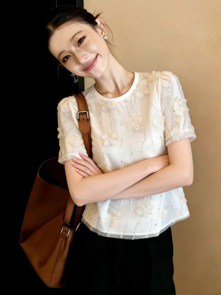 法式輕奢立體花朵亮片短袖襯衫女春季2026新款設計感小眾精致上衣