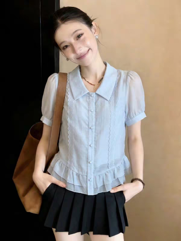 獨特漂亮正肩短袖襯衫女2026新款夏季大碼胖mm顯瘦荷葉邊下擺上衣