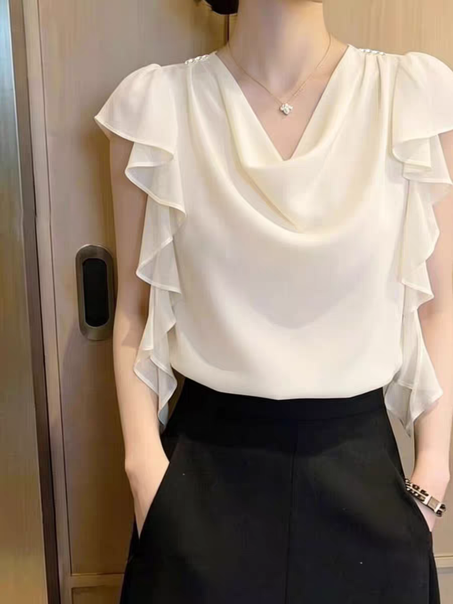 法式溫柔風蕩領荷葉邊短袖襯衫女2026夏季新款白色設計感氣質上衣