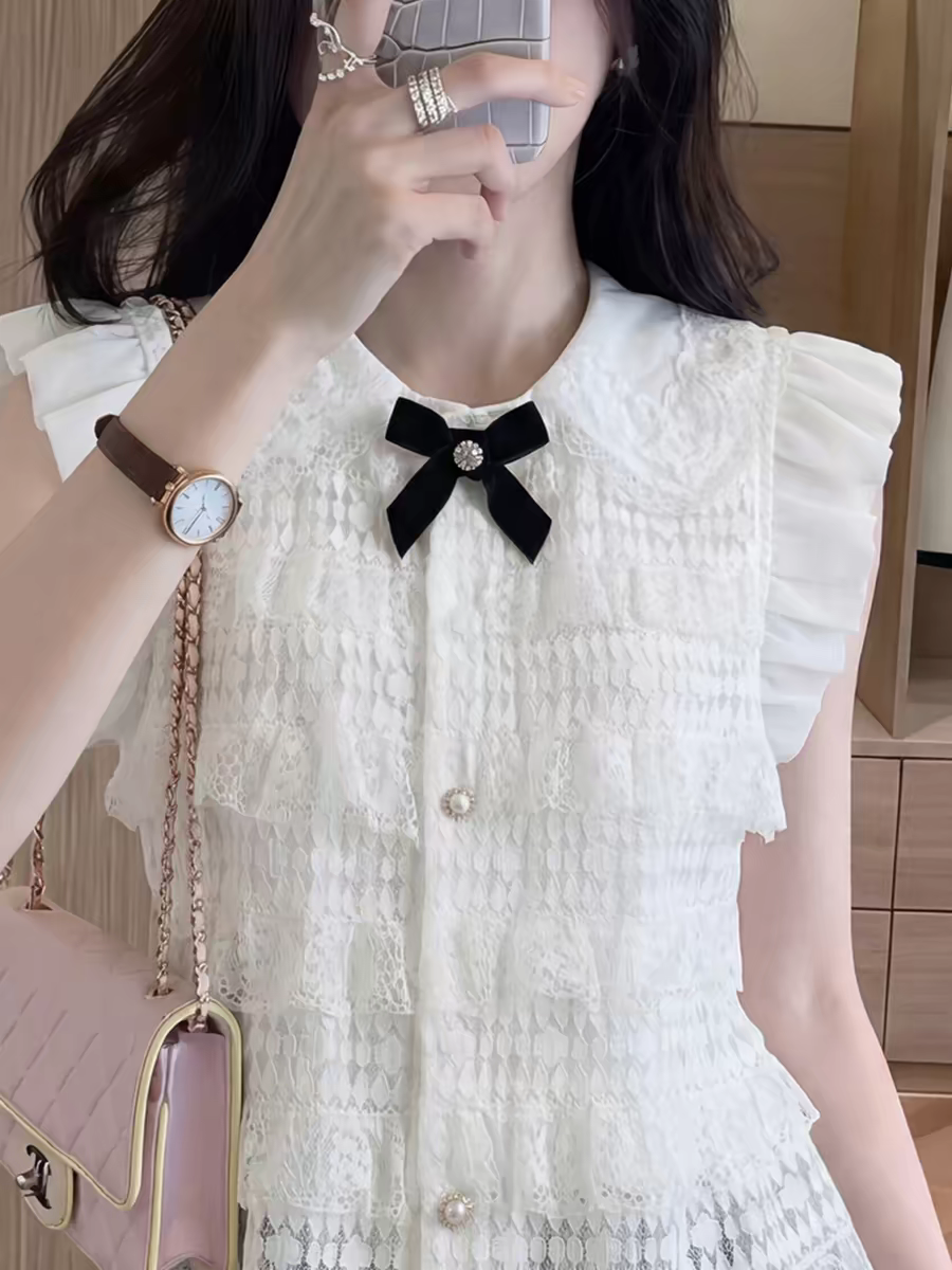 白色法式蕾絲拼接蝴蝶結襯衫女裝夏季新款小眾別致小飛袖大碼上衣