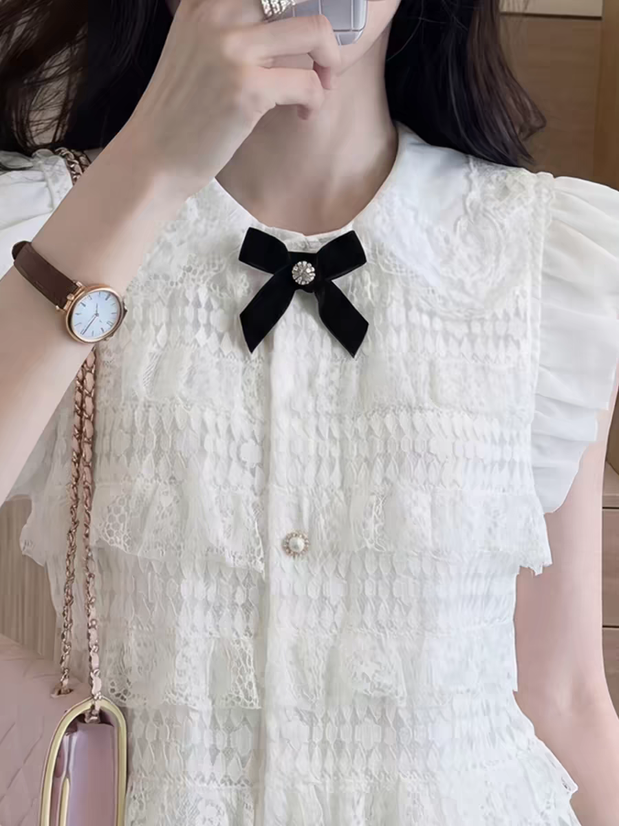 白色法式蕾絲拼接蝴蝶結襯衫女裝夏季新款小眾別致小飛袖大碼上衣