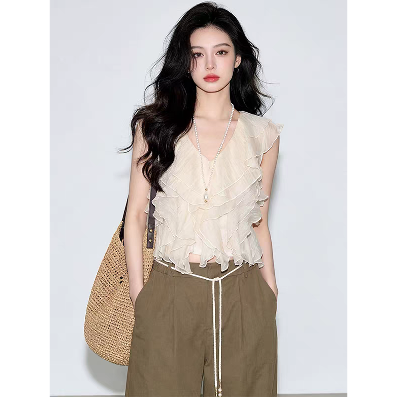 韓系甜美荷葉邊V領無袖背心襯衫春夏新款設計感別致減齡百搭上衣