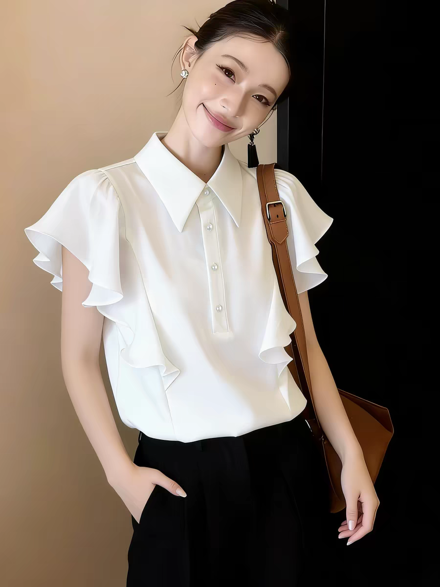 輕熟風荷葉邊小飛袖襯衫女夏季新款小眾設計感白色氣質高級感上衣
