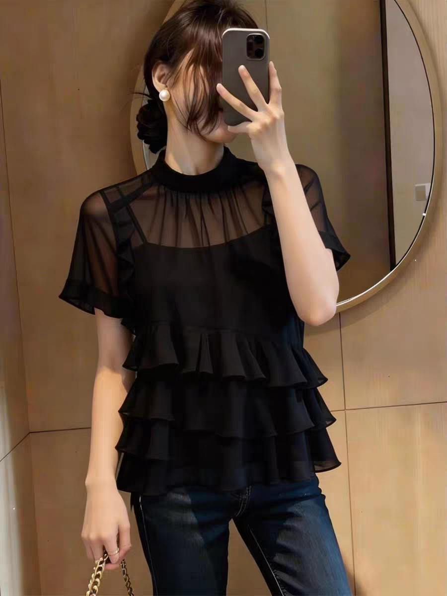 御姐風黑色透視荷葉邊短袖上衣女顯瘦氣質超好看時尚別致2026新款