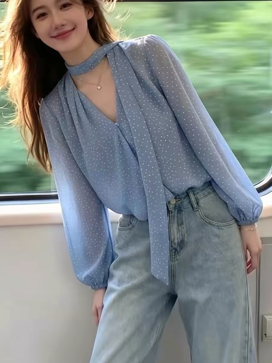 法式V領飄帶波點長袖襯衫女2026年春季新款氣質修身顯瘦大碼上衣