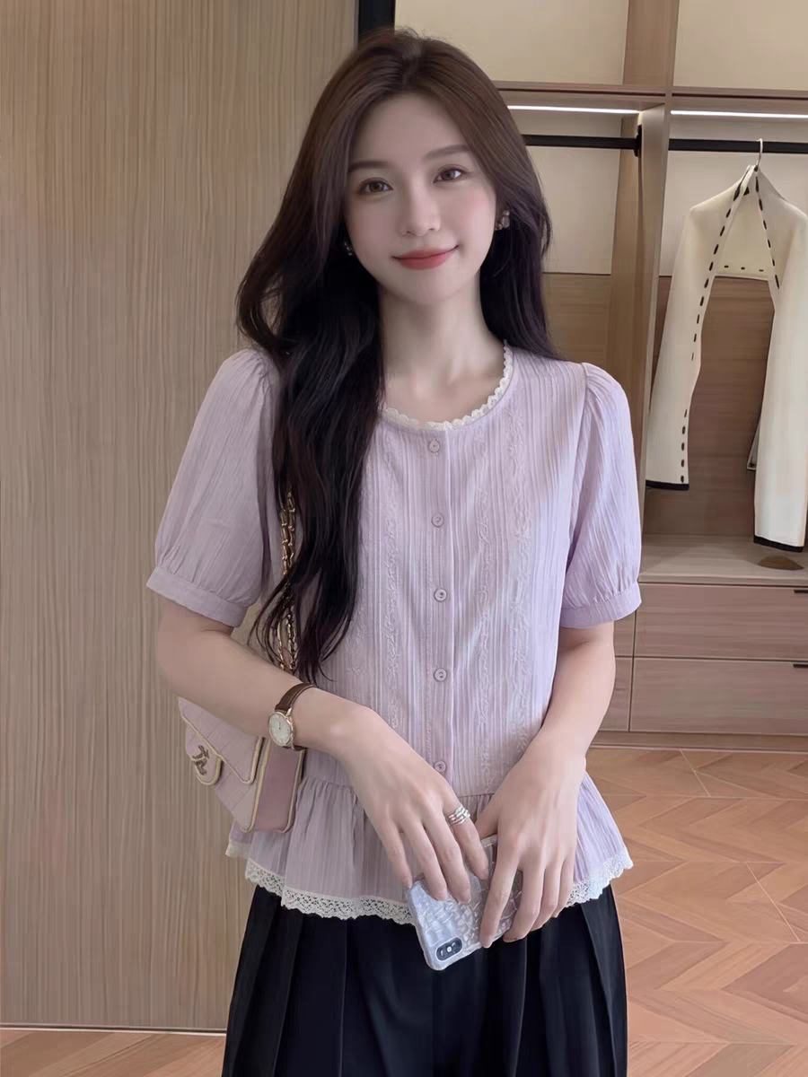 2026夏季洋氣設計感紫色女大碼高級感上衣小眾甜美泡泡袖時尚襯衫