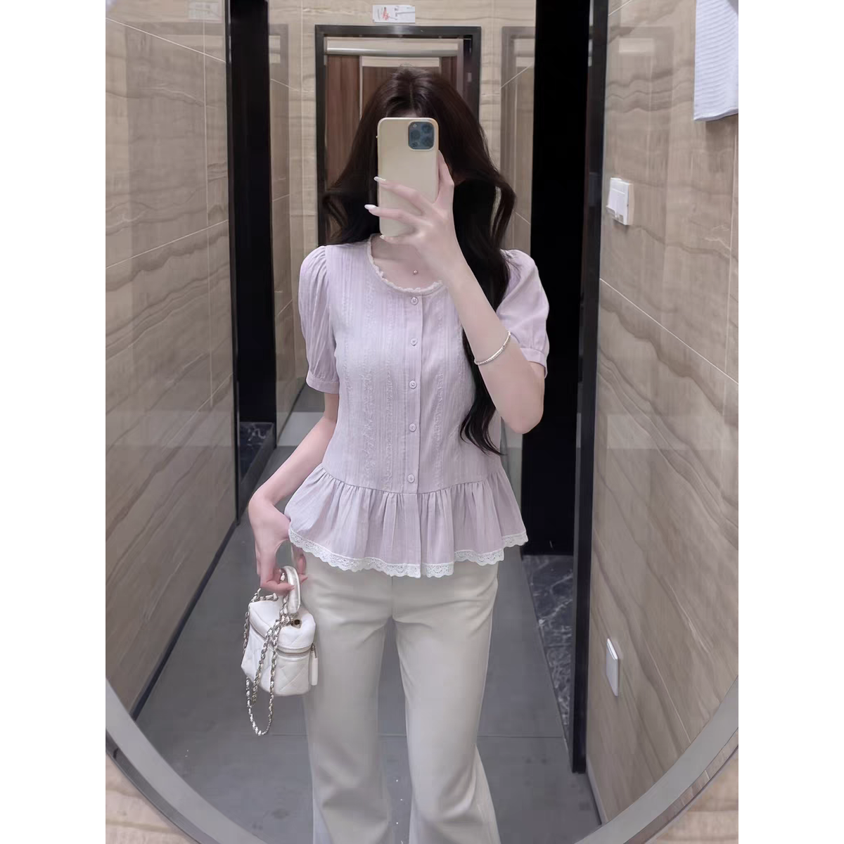 2026夏季洋氣設計感紫色女大碼高級感上衣小眾甜美泡泡袖時尚襯衫