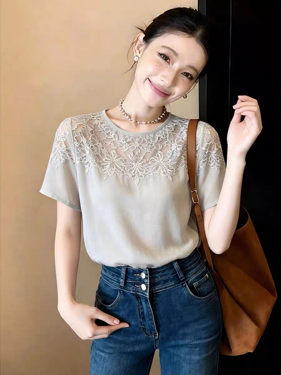 韓系精致蕾絲短袖T恤女灰色顯瘦百搭大碼上衣溫柔甜美風