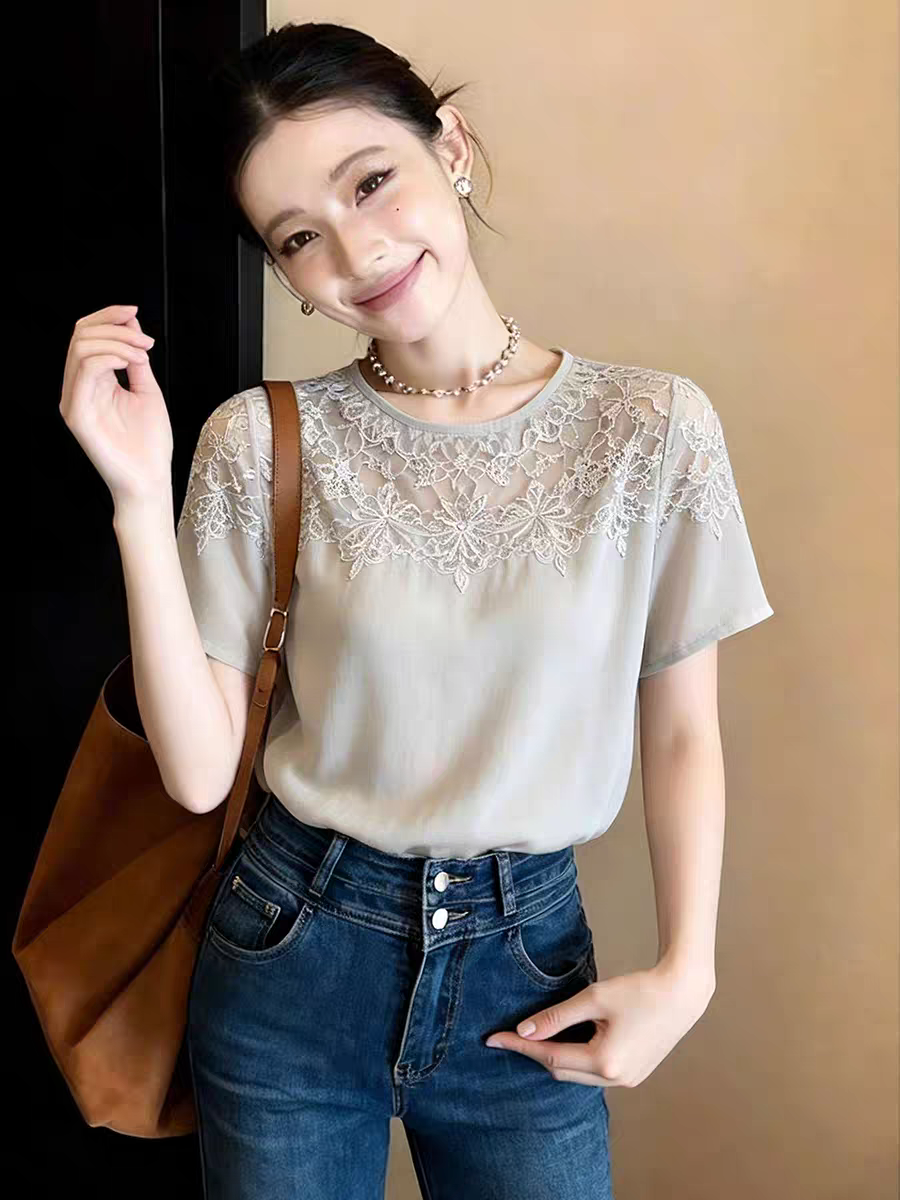 韓系精致蕾絲短袖T恤女灰色顯瘦百搭大碼上衣溫柔甜美風