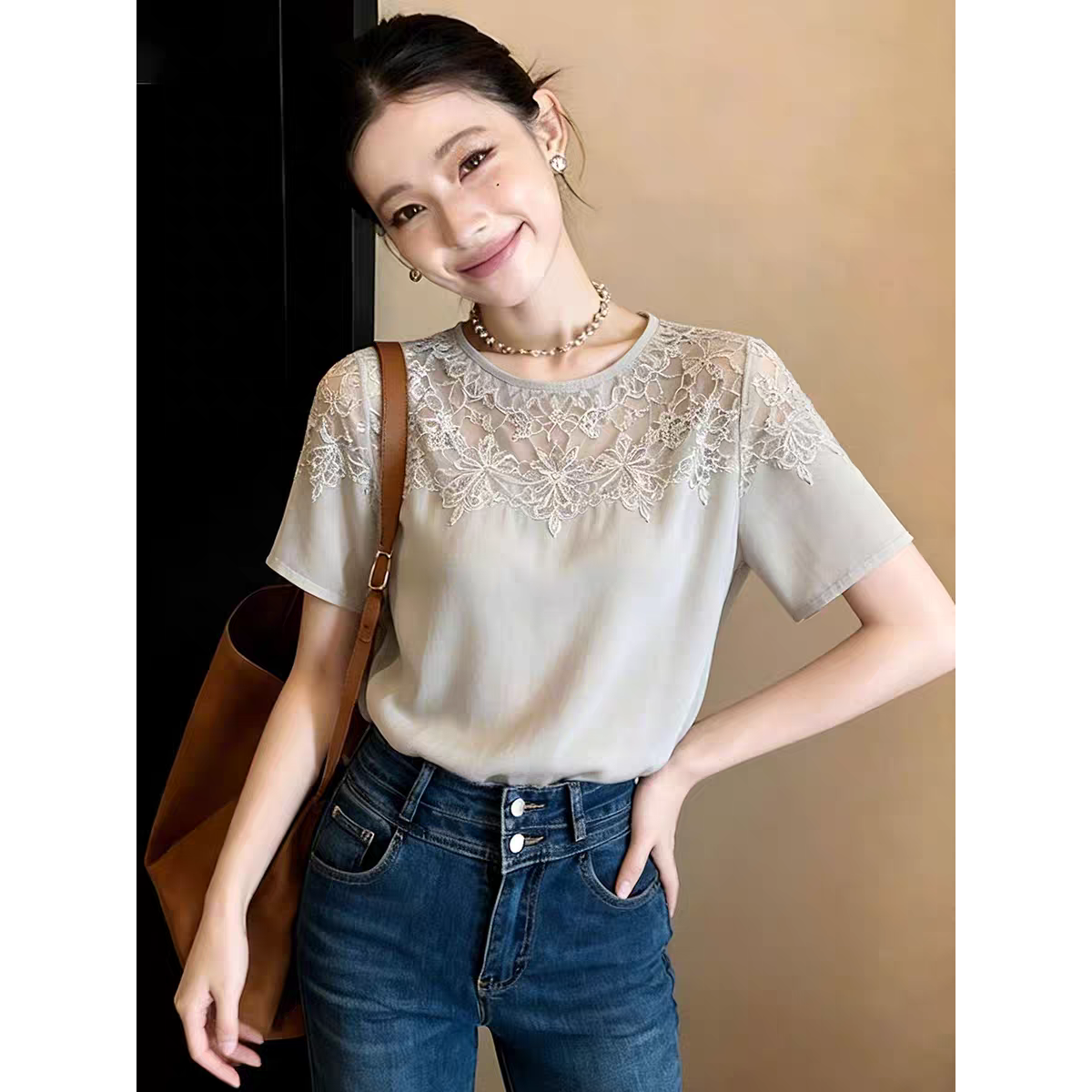 韓系精致蕾絲短袖T恤女灰色顯瘦百搭大碼上衣溫柔甜美風