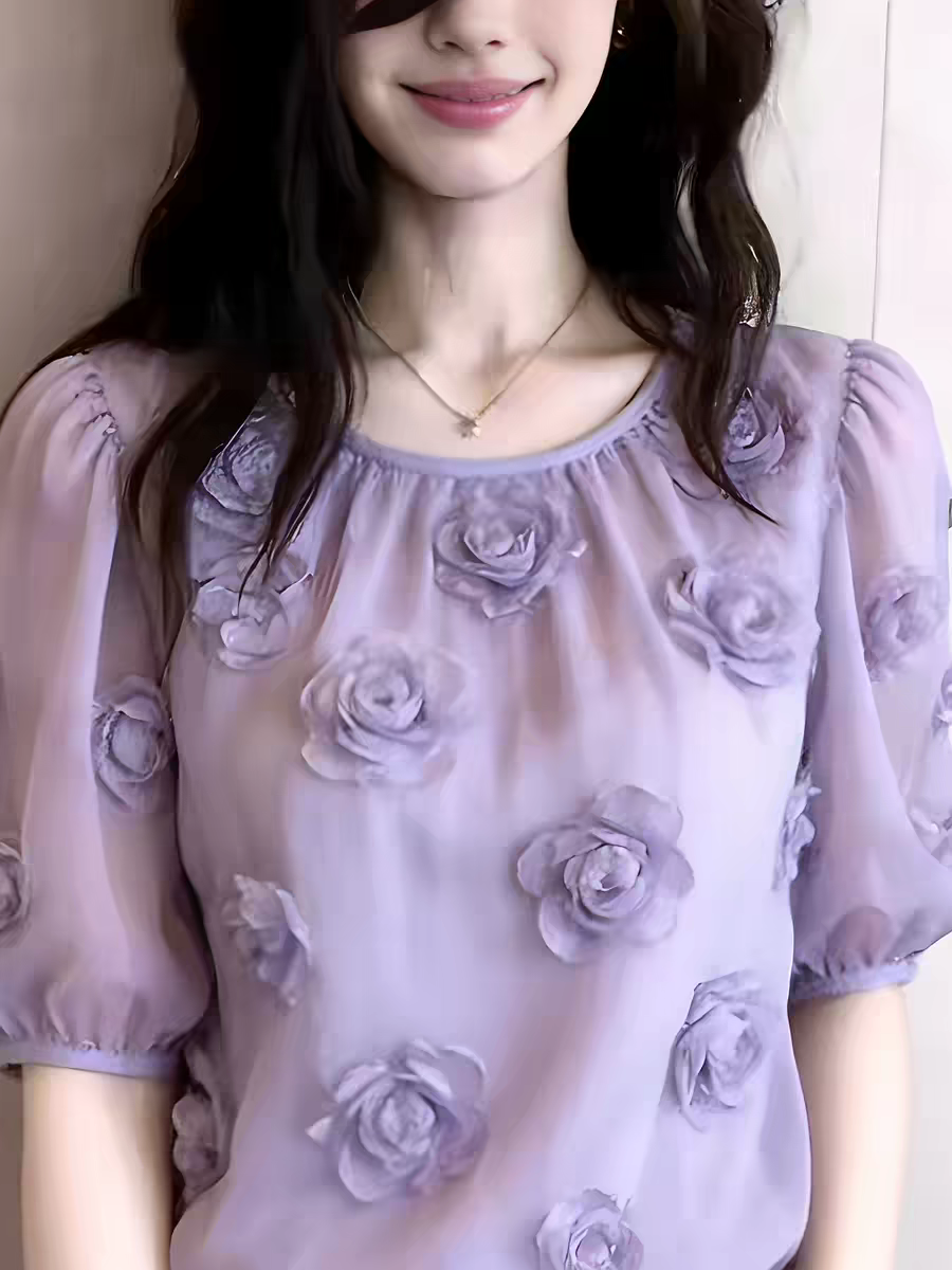 紫色泡泡袖立體花朵短袖上衣女2026夏季新款顯瘦大碼溫柔氣質襯衫
