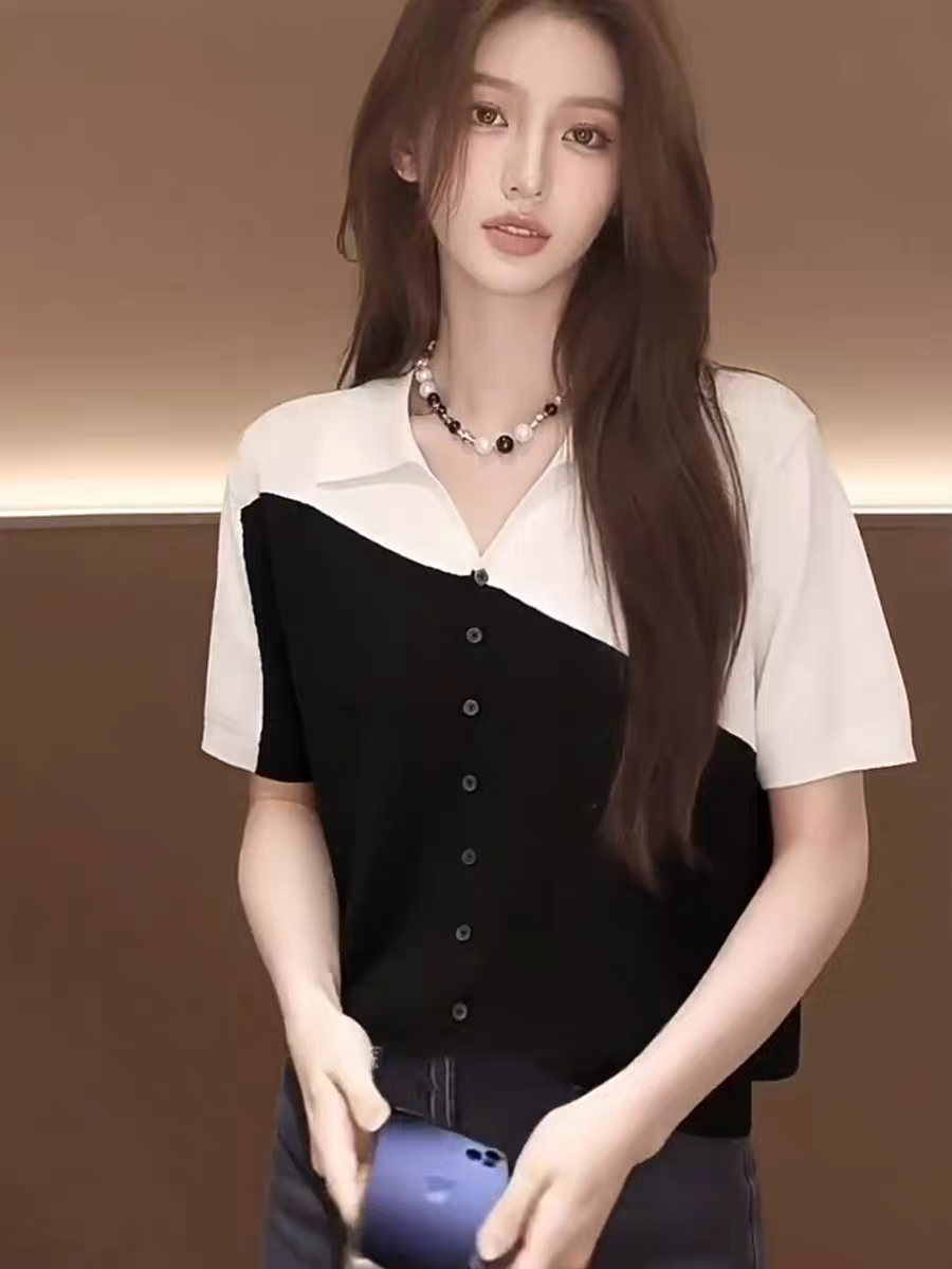 撞色翻領短袖t恤女士2026夏季新款寬松顯瘦高級感正肩polo衫上衣
