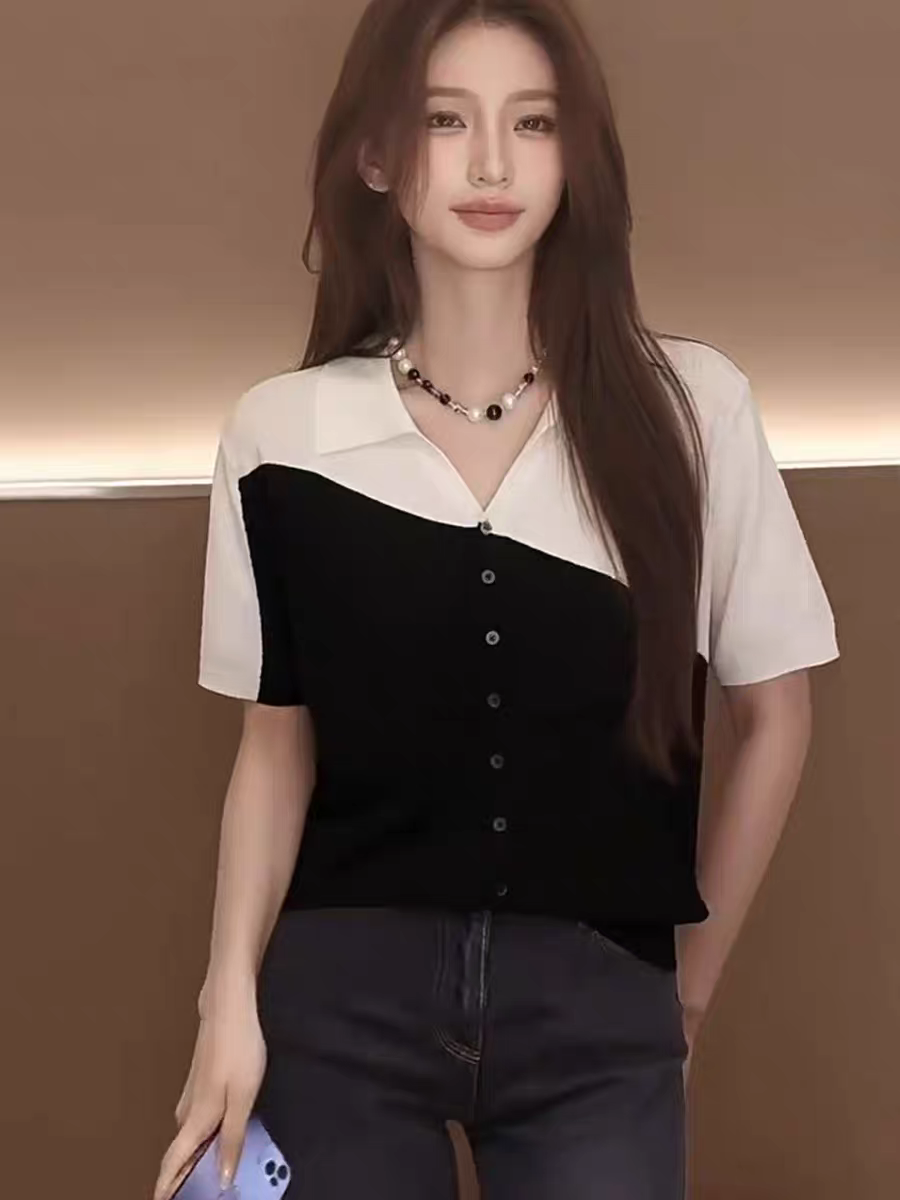 撞色翻領短袖t恤女士2026夏季新款寬松顯瘦高級感正肩polo衫上衣