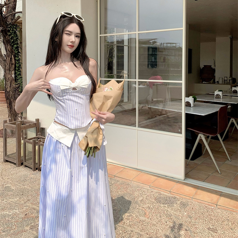 灰塵鄧鄧 韓系穿搭套裝女2025春季抹胸上衣魚骨胸衣半身裙兩件套
