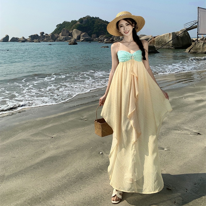 黃色雪紡海星鉆飾露背連衣裙不規則下擺吊帶裙女2025春夏