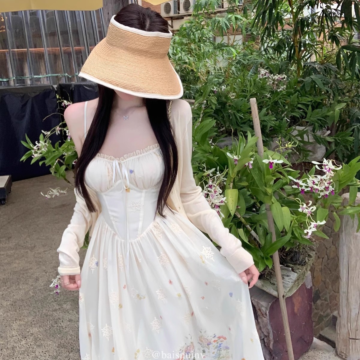 白水女 美神降臨 漸變印花雪紡吊帶連衣裙女收腰顯瘦法式氣質長裙