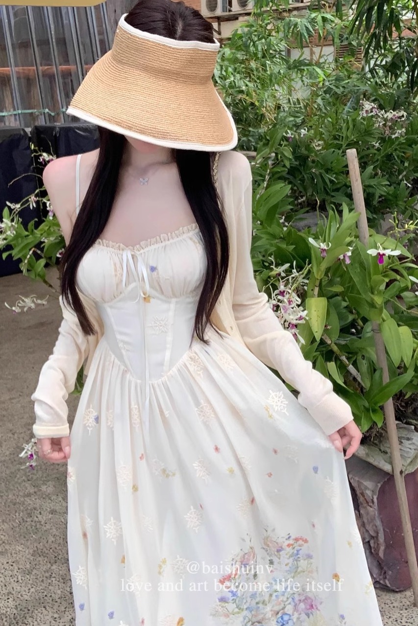 白水女 美神降臨 漸變印花雪紡吊帶連衣裙女收腰顯瘦法式氣質長裙