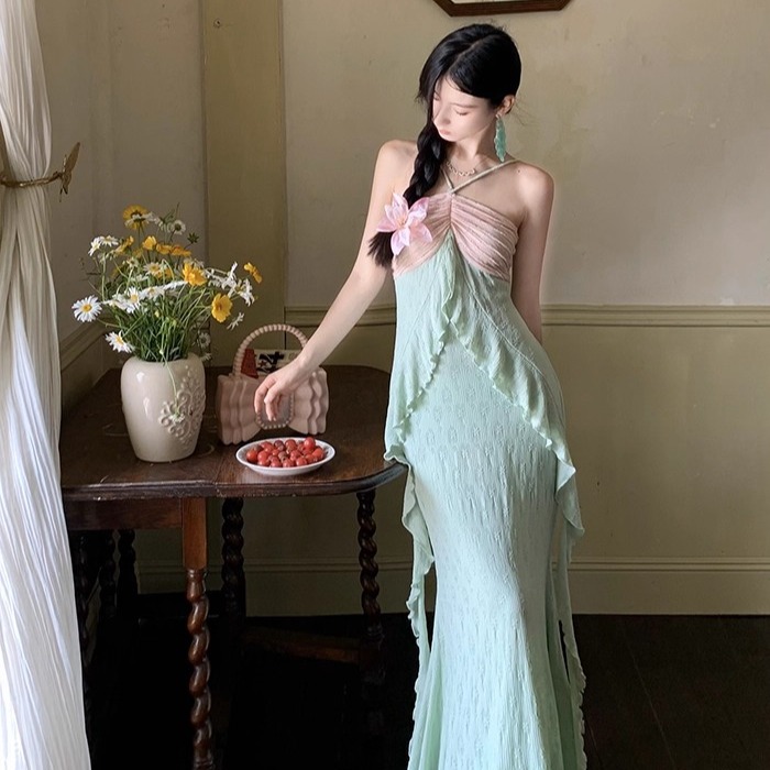 美人魚粉綠撞色掛脖修身顯瘦彈力針織魚尾連衣裙
