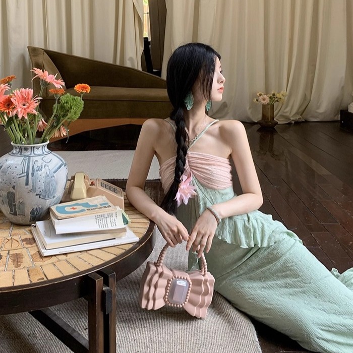 美人魚粉綠撞色掛脖修身顯瘦彈力針織魚尾連衣裙