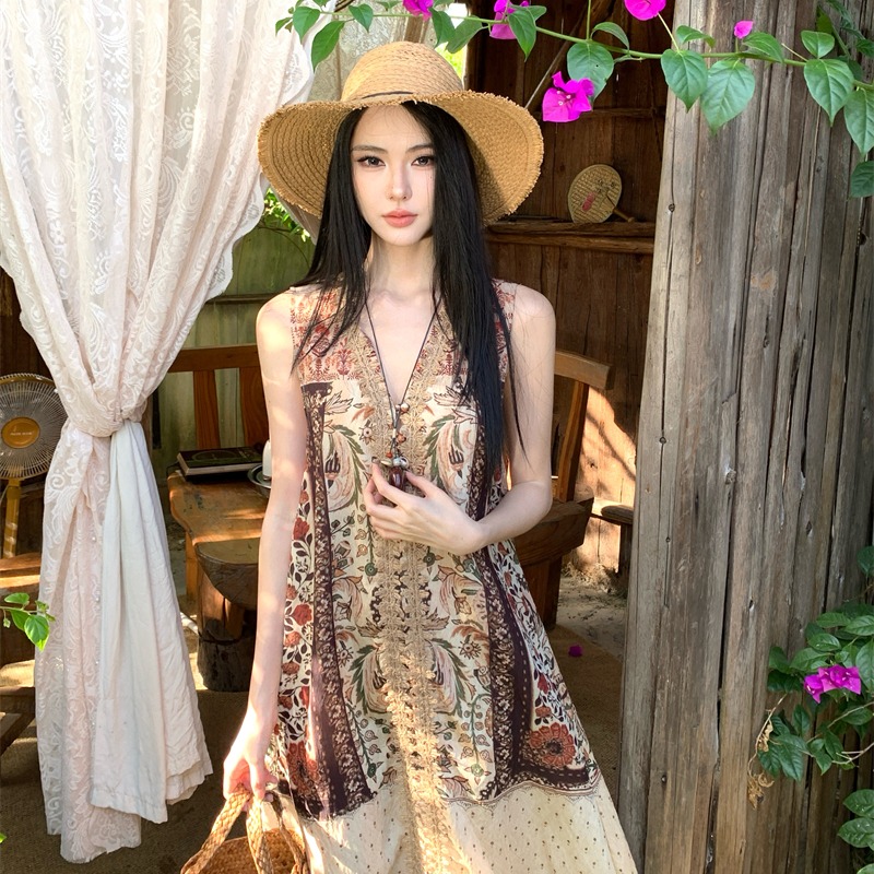 波西米亞民族風復古印花v領背心連衣裙女夏海邊度假新疆旅游長裙