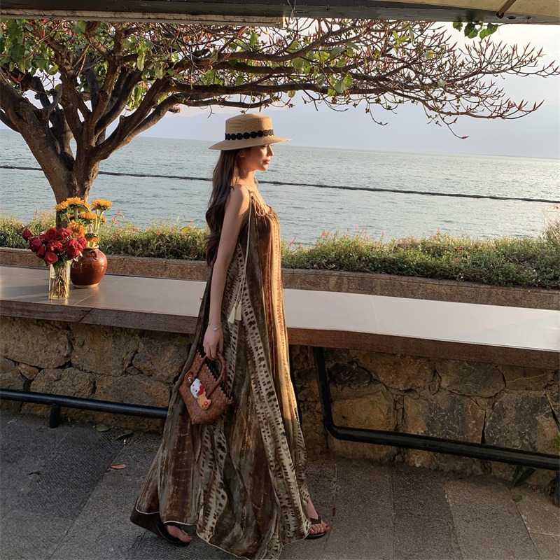 沙洲法式拖尾吊帶裙連衣裙吊帶印花女裝輕奢裙子
