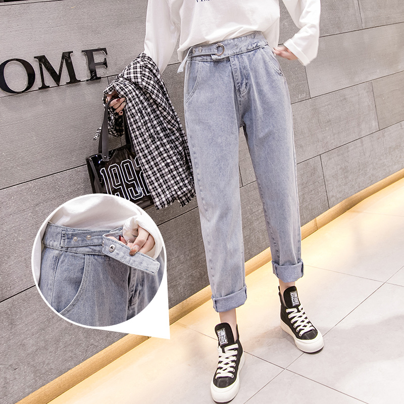實拍高腰哈倫牛仔褲女2025秋季韓版顯瘦窄款老爹闊腿直筒九分褲