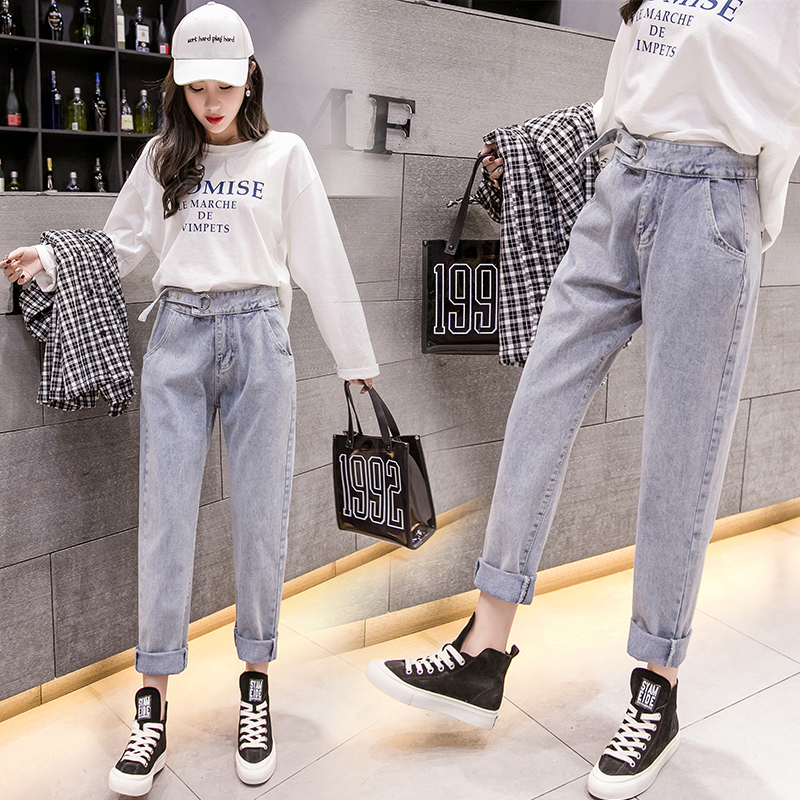 實拍高腰哈倫牛仔褲女2025秋季韓版顯瘦窄款老爹闊腿直筒九分褲