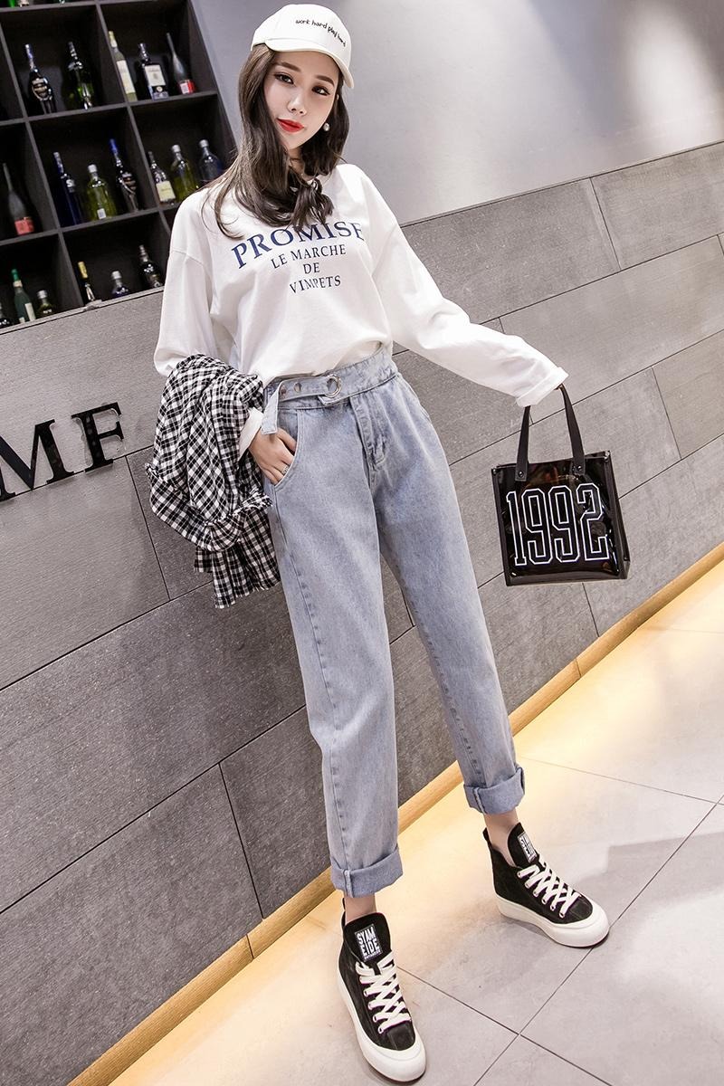 實拍高腰哈倫牛仔褲女2025秋季韓版顯瘦窄款老爹闊腿直筒九分褲