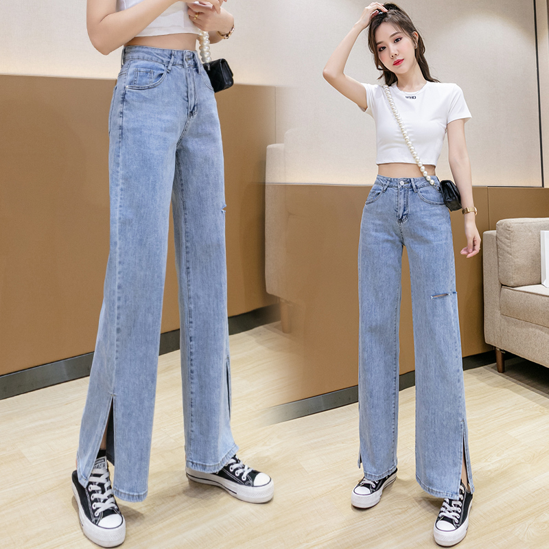 實拍破洞開叉淺色牛仔褲女2025秋季韓版高腰顯瘦闊腿哈倫九分褲潮