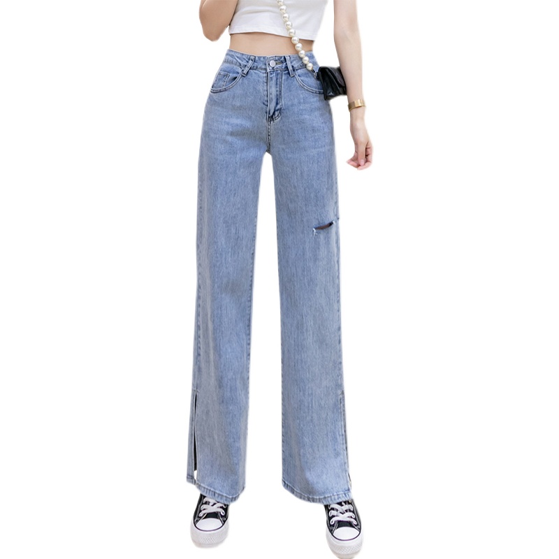 實拍破洞開叉淺色牛仔褲女2025秋季韓版高腰顯瘦闊腿哈倫九分褲潮